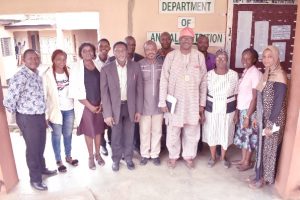 The immediate past Dean of COLANIM, Professor Oluseyi Oluwatosin in a group photograph with staff of the Department of Animal Nutrition.