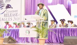 Representative of the Minister of Education, the University’s Vice-Chancellor, Professor Felix Kolawole Salako delivering the former’s Goodwill Message at the Convocation Ceremony.