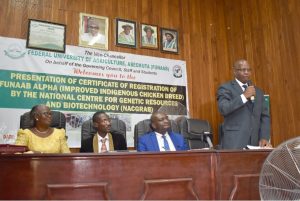 The CEO of NACGRAB and Registrar (NVRC), Dr. S. E. Aladele pouring encomium on the University for its appreciable impact in research, moments before his presentation of Certificate of Registration of FUNAAB ALPHA to the University