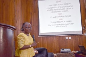 The principal Researcher, Professor Olufunmilayo Adebambo delivering power-point presentation of the development of FUNAAB ALPHA Breed at the occasion