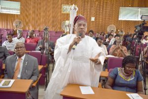 The Paramount Ruler and Alake of Egbaland, HRM, Oba (Dr.) Adedotun Aremu Gbadebo CFR, Okukenu IV, represented by the Agbaakin of Egbaland, (Rtd) Navy Captain Rasheed Raji delivering his Goodwill Message extempore at the occasion