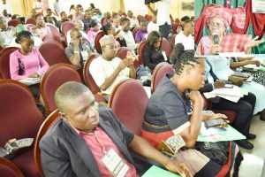 (Inset) Emeritus Professor (Mrs) Olufunke Egunjobi delivering the Keynote Lecture at the Workshop while participants listen with rapt attention