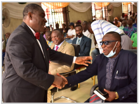 Deputy Vice-Chancellor (Development), Prof. Clement Adeofun (Right), exchanging pleasantries with the Chaplain, Chapel of Grace, Prof. Christian Ikeobi.