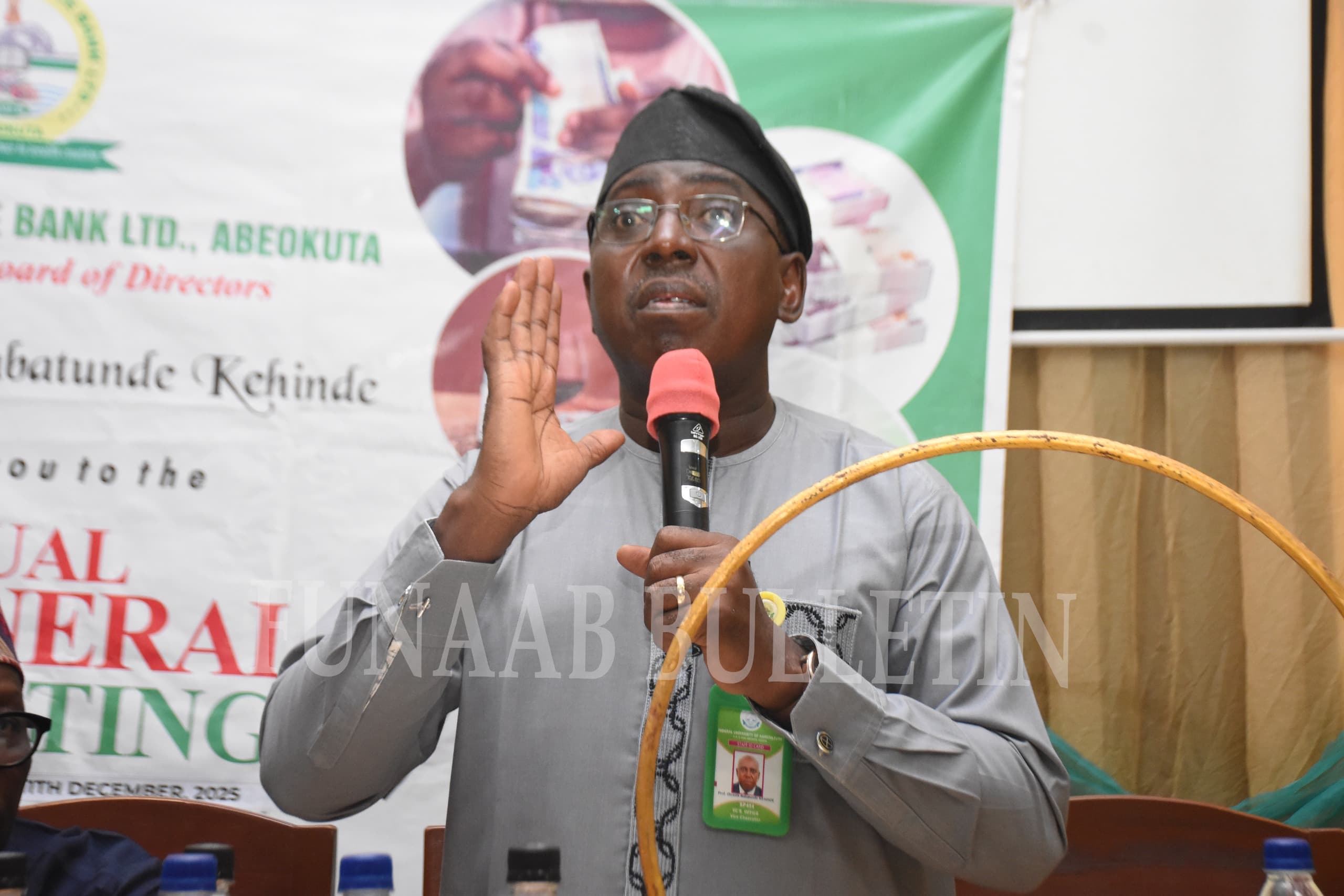 The Vice-Chancellor and UMFB Board Chairman, Prof. Babatunde Kehinde addressing shareholders and stakeholders at the AGM Credit: Gbolahan Lawal