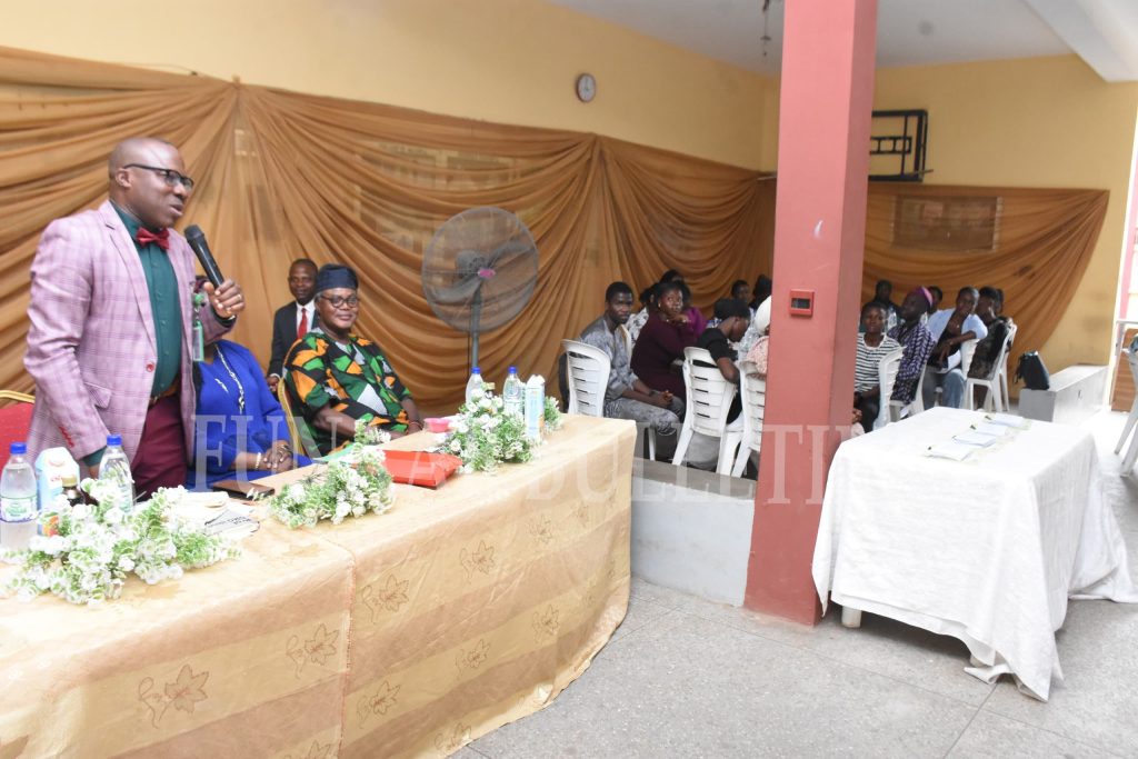 Representative of the Vice-Chancellor and the Deputy Vice-Chancellor (Academic), Prof. Olusegun Idowu addressing members of staff of COLBIOS during the event Credit: Gbolahan Lawal