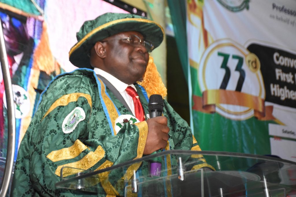 Representative of the Visitor and the Permanent Secretary, FMAFS, Dr. Marcus Ogunbiyi delivering President Tinubu's address at FUNAAB's 33rd Convocation Ceremony Credit: Gbolahan Lawal
