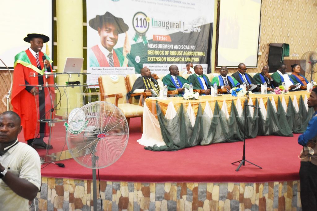 The Dean, COLAMRUD, Prof. Emmanuel Fakoya delivering the University’s 110th Inaugural Lecture Credit: Gbolahan Lawal