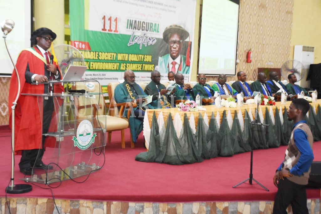 Prof. Johnson Adesodun delivering the 111th Inaugural Lecture of FUNAAB Credit: Gbolahan Lawal