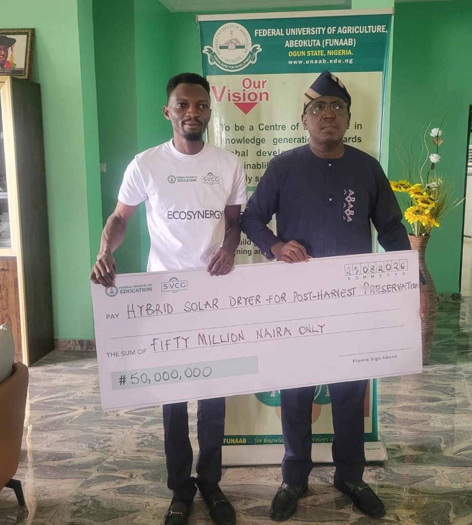 The Vice-chancellor, Prof. Babatunde Kehinde with the winner of the 2026 Student Venture Capital Grant, Mr. Oluwagbemiga Adeboye Credit: Joy Adeyiga