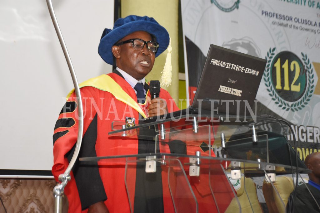 The University 's 112th Inaugural Lecturer, Prof. Adewole Gbadebo, while delivering his Lecture at the event Credit: Gbolahan Lawal