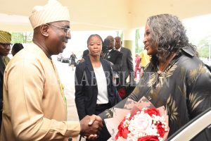 The Vice-Chancellor, Prof. Babatunde Kehinde welcoming the 3rd First Lady of the Republic of Namibia, Madame Monica Hage Geingos to FUNAAB Credit: Gbolahan Lawal