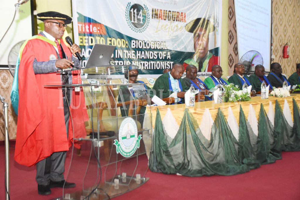 The Deputy Vice-Chancellor, Academic, Prof. Olusegun Idowu, delivering the University’s 114th Inaugural Lecture Credit: Gbolahan Lawal
