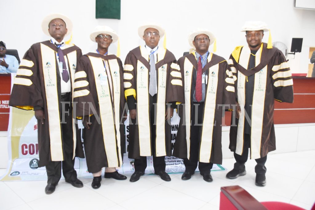 The Vice-Chancellor, Prof. Babatunde Kehinde (Middle), with the other newly inducted Fellows, during the Opening Ceremony of the 10th Annual Conference of ASSN Credit: Gbolahan Lawal