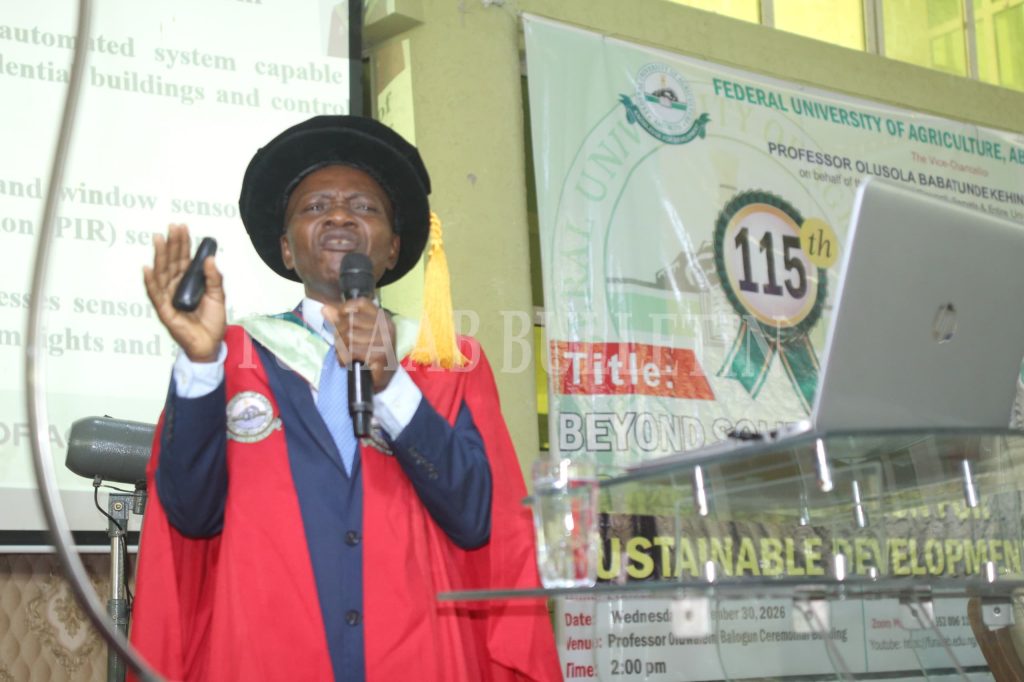 Prof. Olubunmi Akinola delivering FUNAAB's 115th Inaugural Lecture