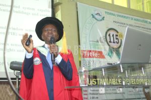 Prof. Olubunmi Akinola delivering FUNAAB's 115th Inaugural Lecture