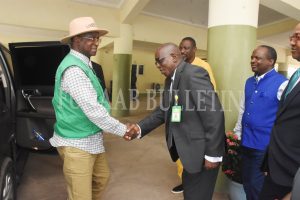 The Hon. Minister of Livestock Development, Hon. Idi Mukhtar Maiha (Left), being welcomed by the Vice-Chancellor, Prof. Babatunde Kehinde, during the Minister's working visit to FUNAAB