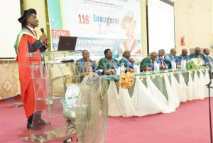 The 116th Inaugural Lecturer, Prof. Babatunde Bada addressing the audience during the event