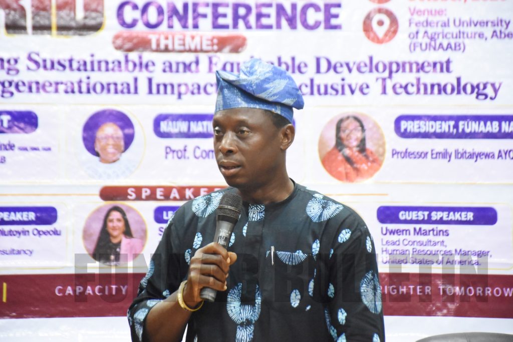 Representative of the Vice-Chancellor and the HoD, ABE, Prof. Pius Dada, delivering the Vice-Chancellor's speech at the Opening Session of the 2-Day NAUW International Hybrid Conference Credit: David Johnson